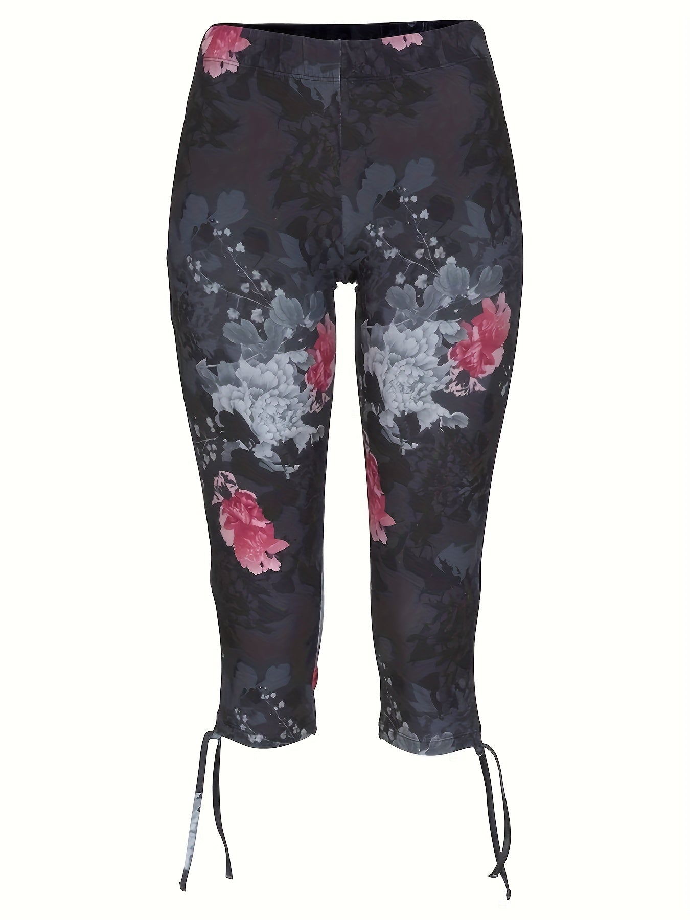 Plus Size Floral Print Lace Up Capri Leggings - Slight Stretch, Slim Fit, Comfortable, Breathable, Soft Fabric - Perfect for Casual Daily Wear