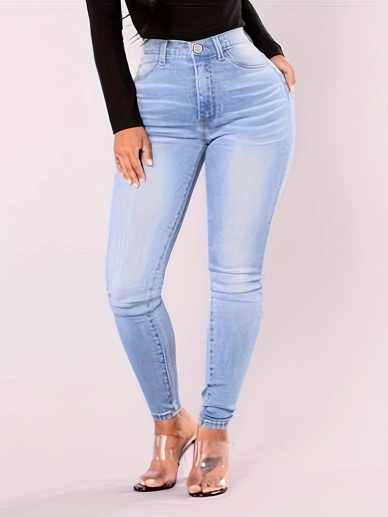 High Stretch Denim Skinny Jeans for Women - Mid Waist Solid Color Tapered Long Pants with Pockets, Zipper Fly Closure, Cotton Blend Fabric, Elegant All-Season Street Style - Tu bu yin he Collection