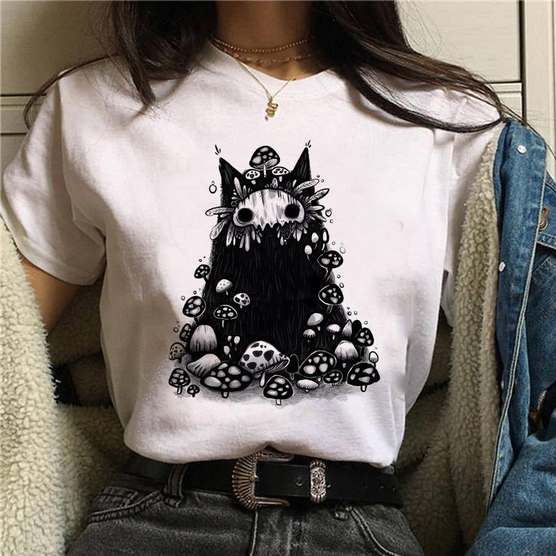 Cartoon Cat Mushroom Halloween Print T-shirt Short Sleeve-Aria Doejay