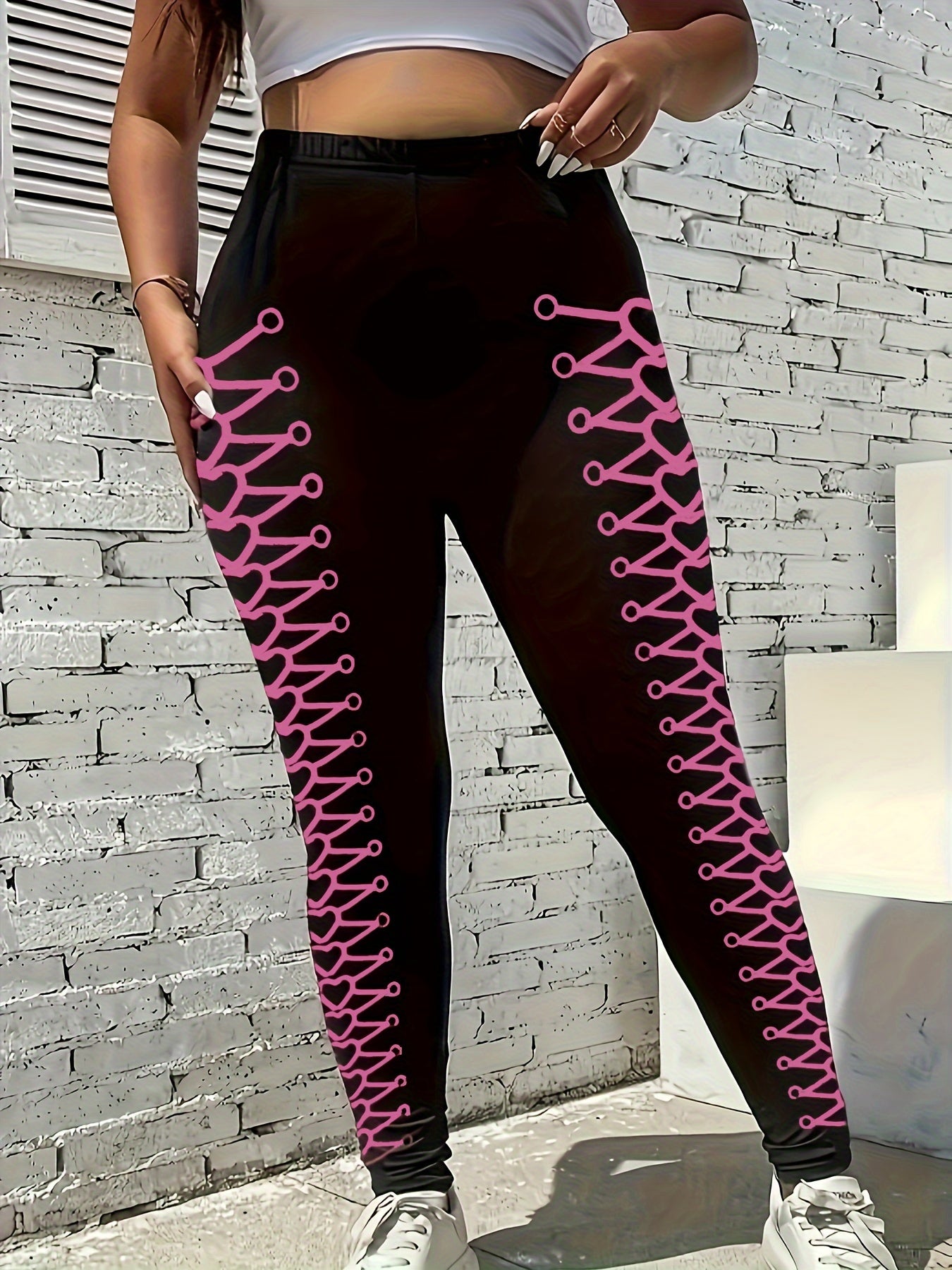 Elegant Plus Size Women's Leggings with Geometric Print - Stretchy, Comfort Fit, Machine Washable