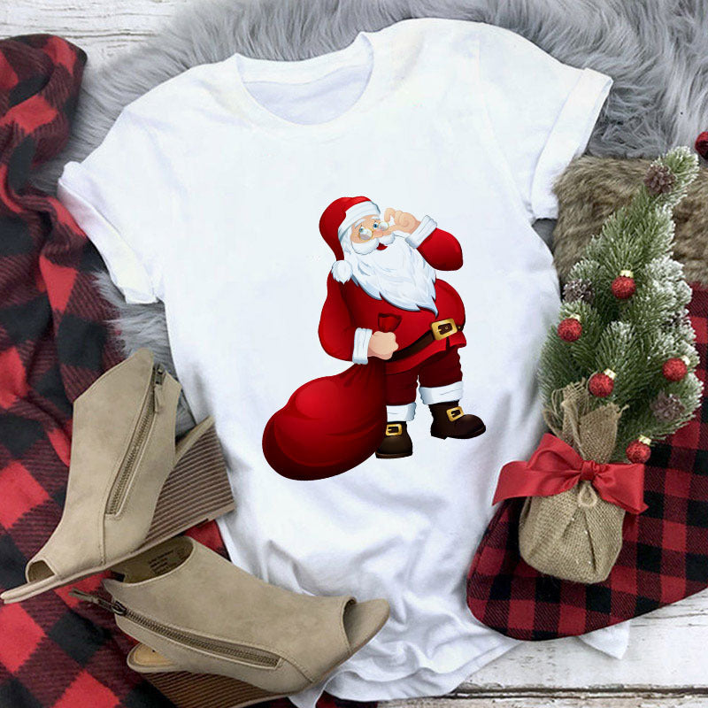 Christmas Lady Short-sleeved T-shirt Cartoon Santa Claus Print Street Casual T-shirt-Aria Doejay