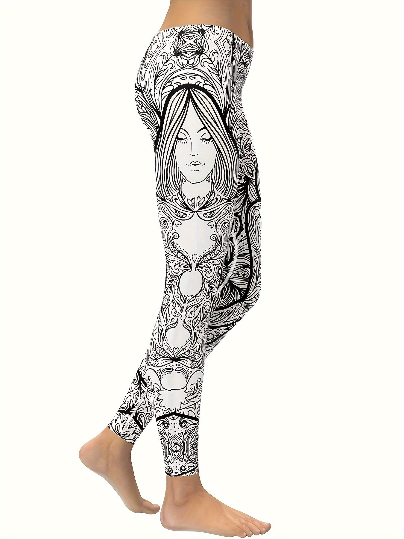 Black and white striped goddess printed women's yoga pants