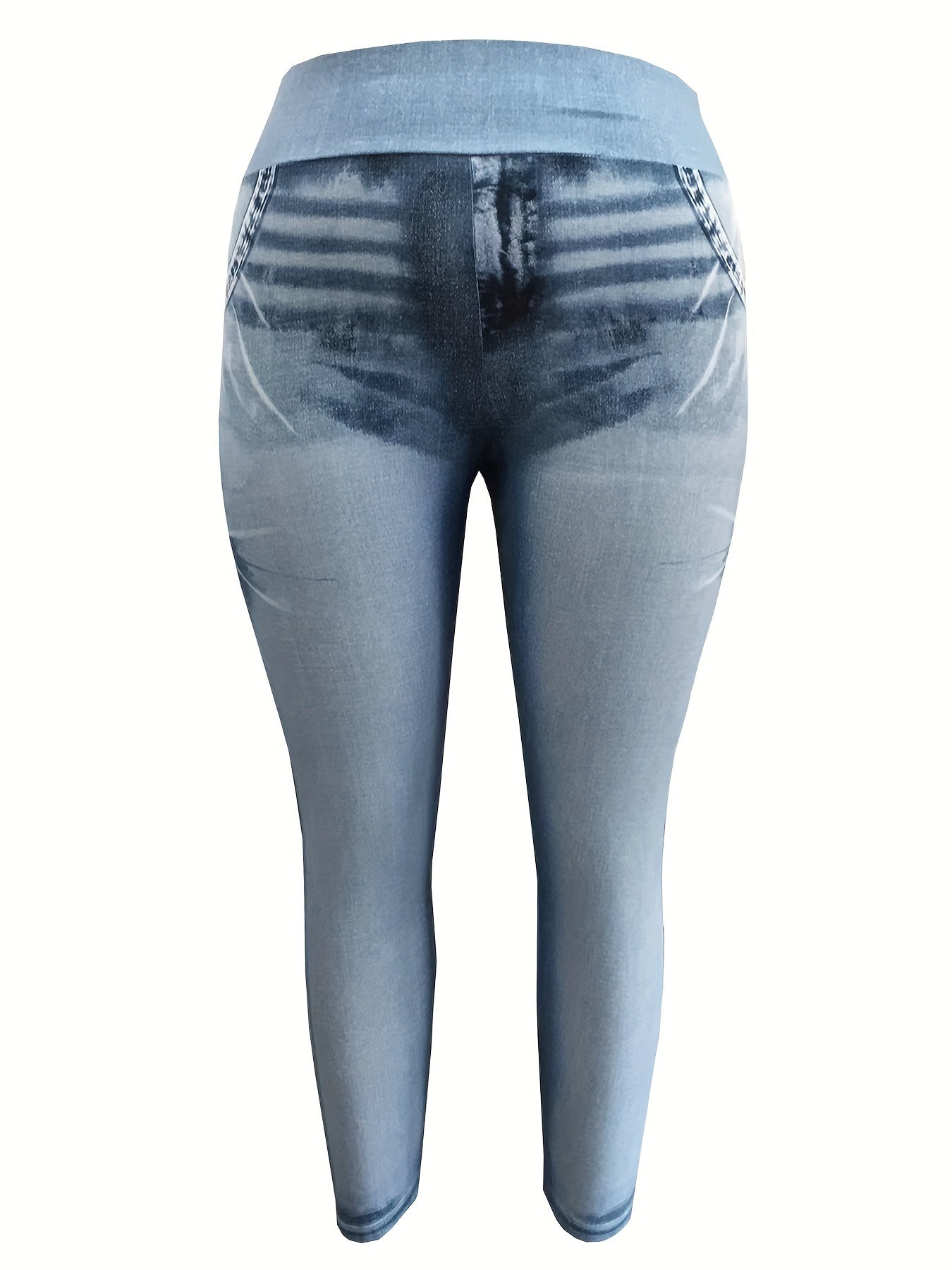 Fake Denim Print High Waist Leggings, Casual Skinny Stretchy Leggings, Women's Clothing