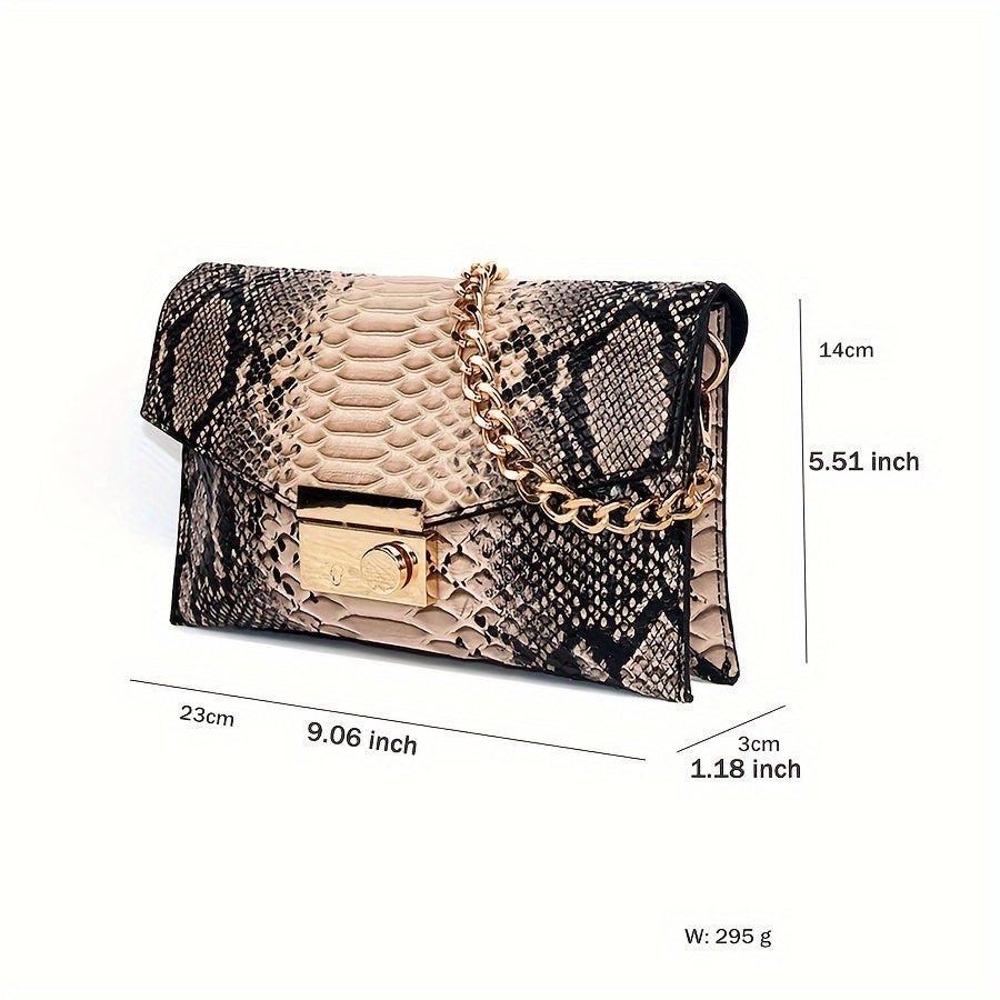 Chic Snakeskin Pattern Chain Crossbody Bag for Women - Sustainable Faux Leather, Luxury Square Shoulder Purse with Kiss Lock Closure