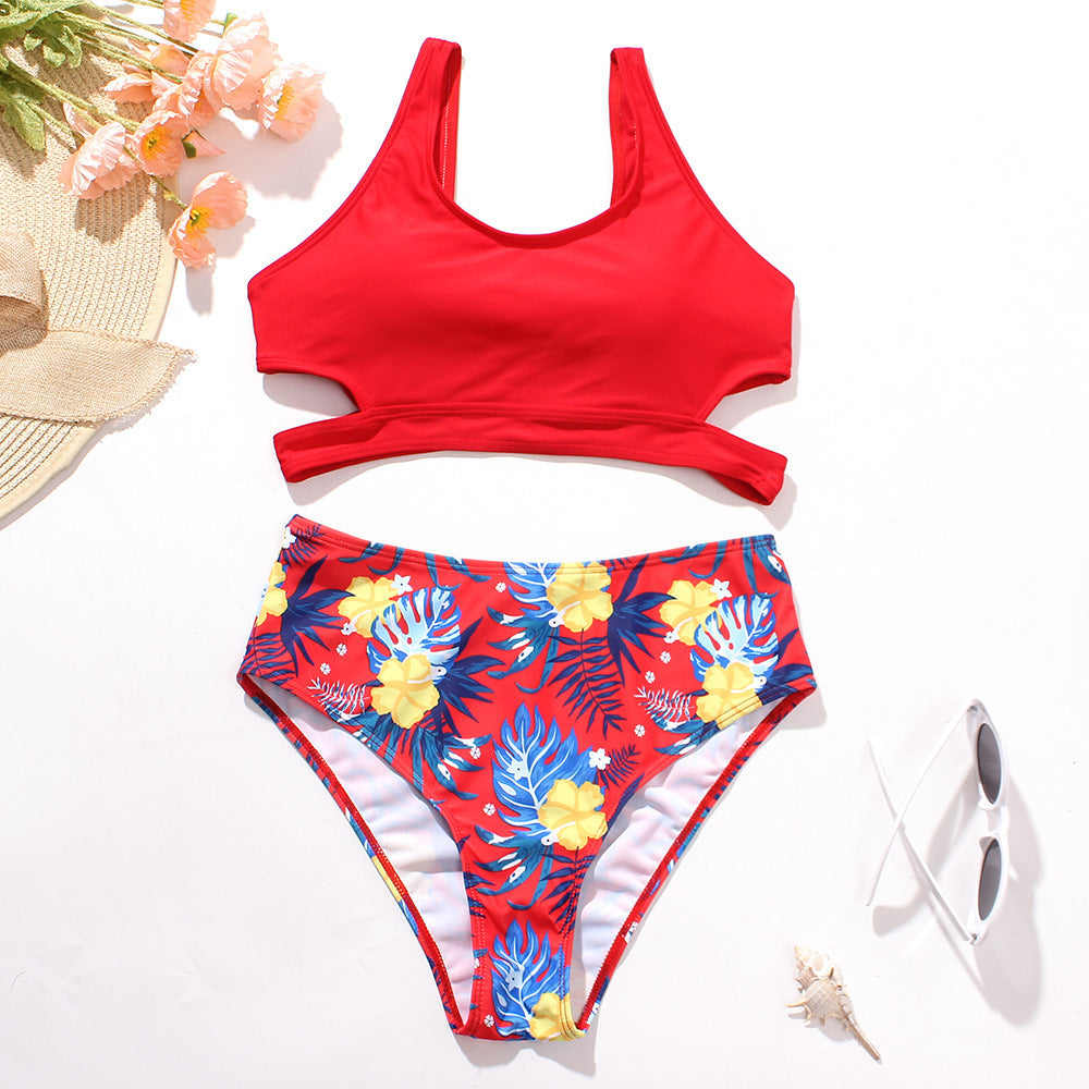 Ladies High Waist Solid Color Printed Swimsuit-Aria Doejay