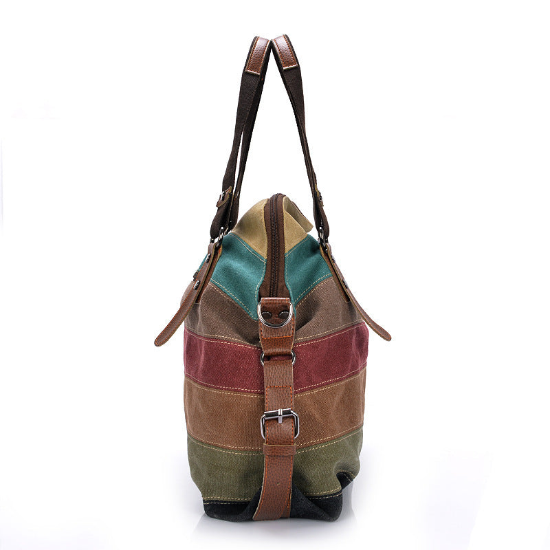 KVKY Brand Fashion Canvas Bag Brand Women Handbag Classic Patchwork Casual Female Shoulder Bags Striped Rainbow Purse Pouch-Aria Doejay