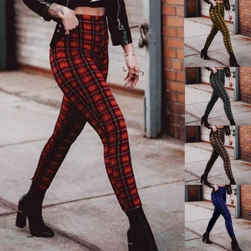 Plaid high waist leggings women casual pants-Aria Doejay