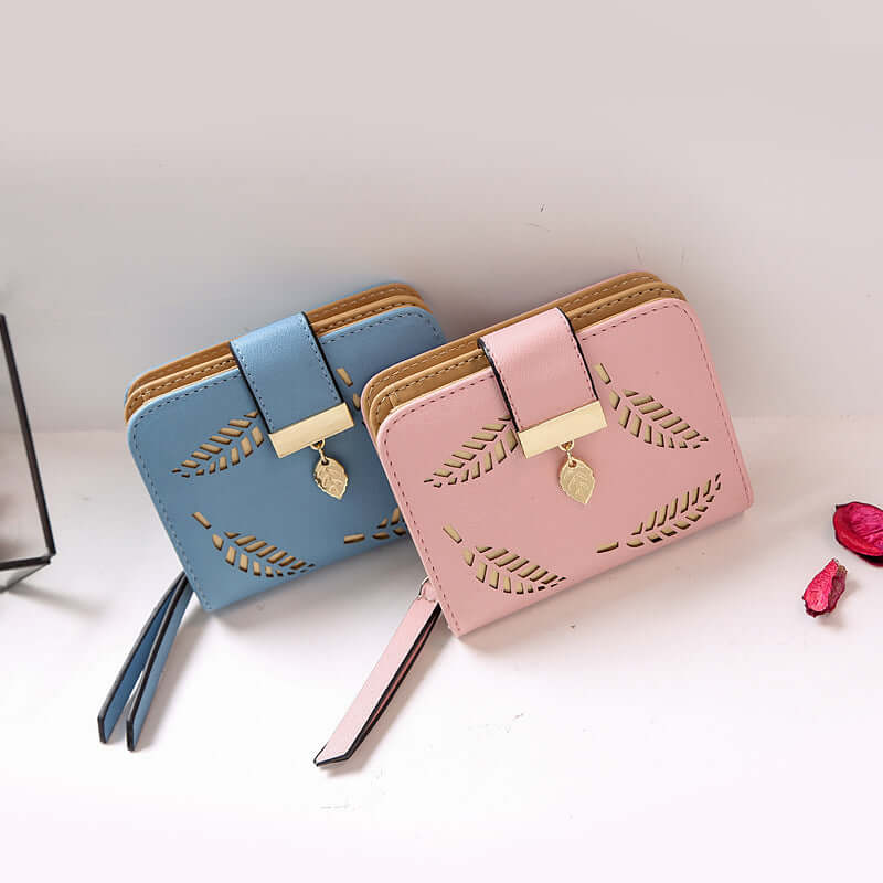 New Korean Women's Wallet Short Hollow Clutch Bag Leaf Zipper Buckle Bills Card Pack-Aria Doejay