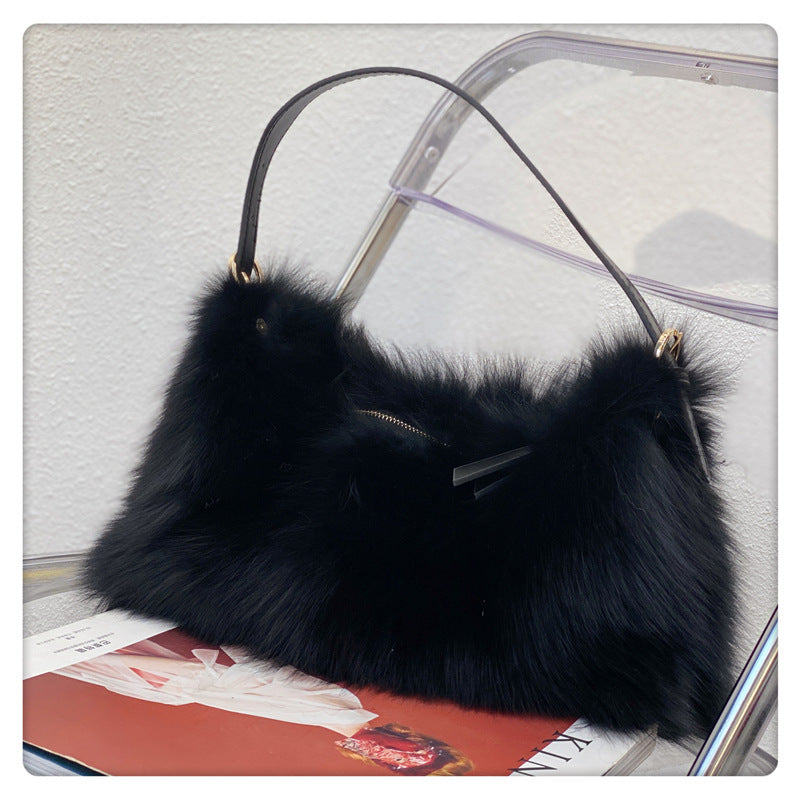 Fox Fur Stitching Women's Handbag Temperament Novel Zipper Design