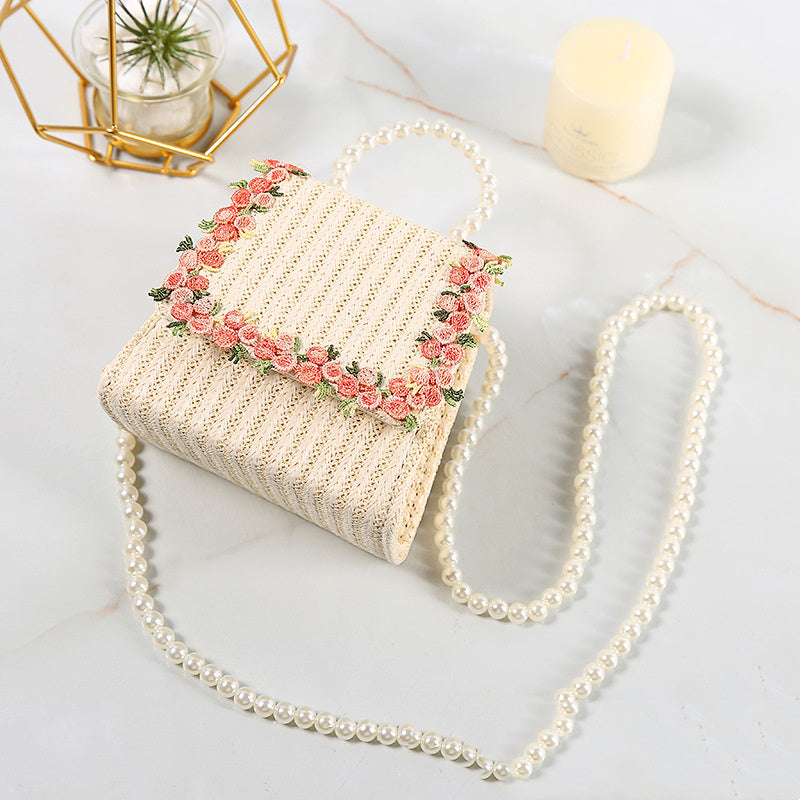 Lace Style Straw Bag With Pearl Portable Diagonal Cross Cute