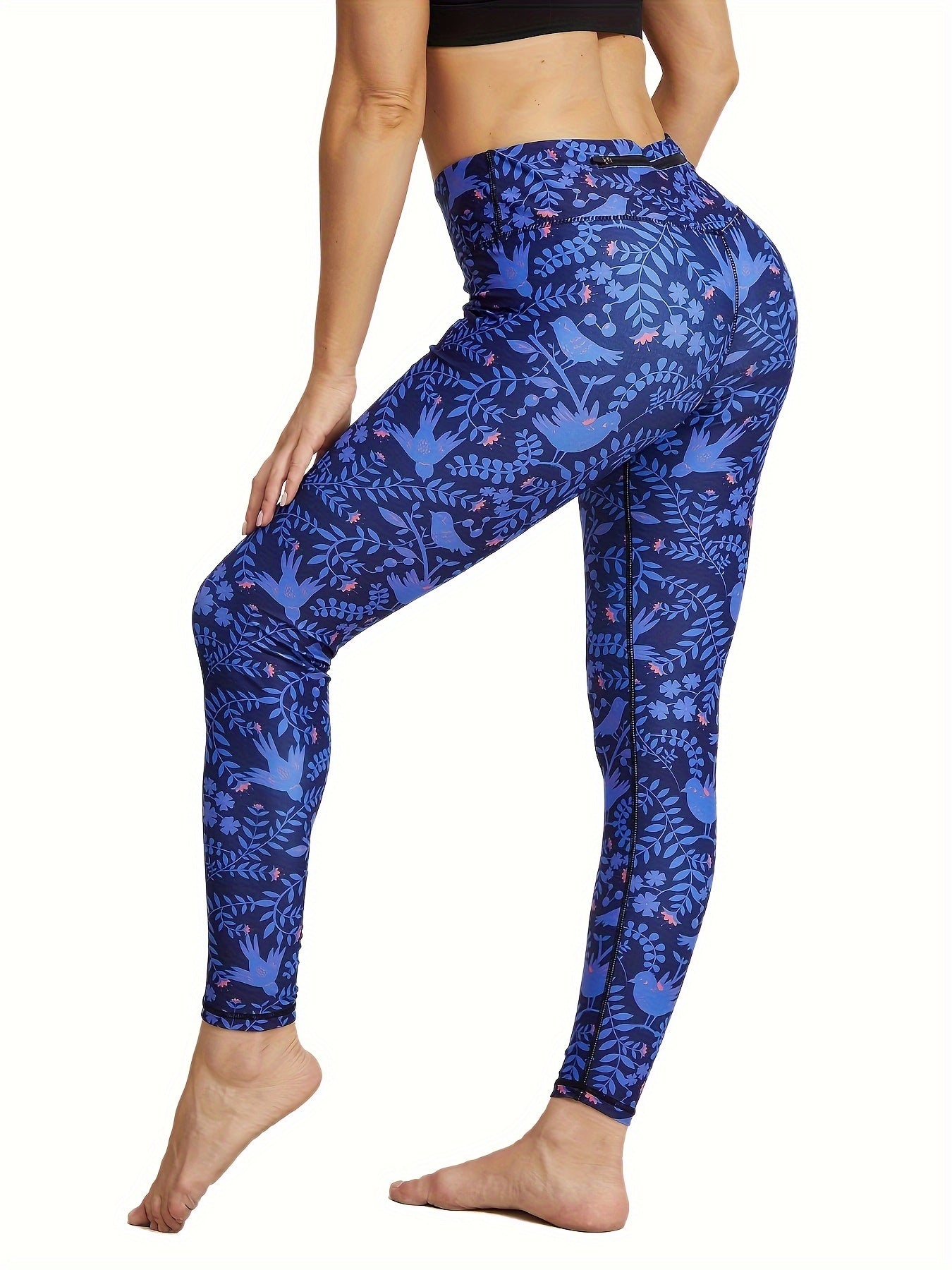 High-Waisted Tummy Control Birds And Leaf Graphic Leggings With Rear Zip Pocket, Women's Fashion Style Yoga Pants, Butt Lifting Fitness Pants