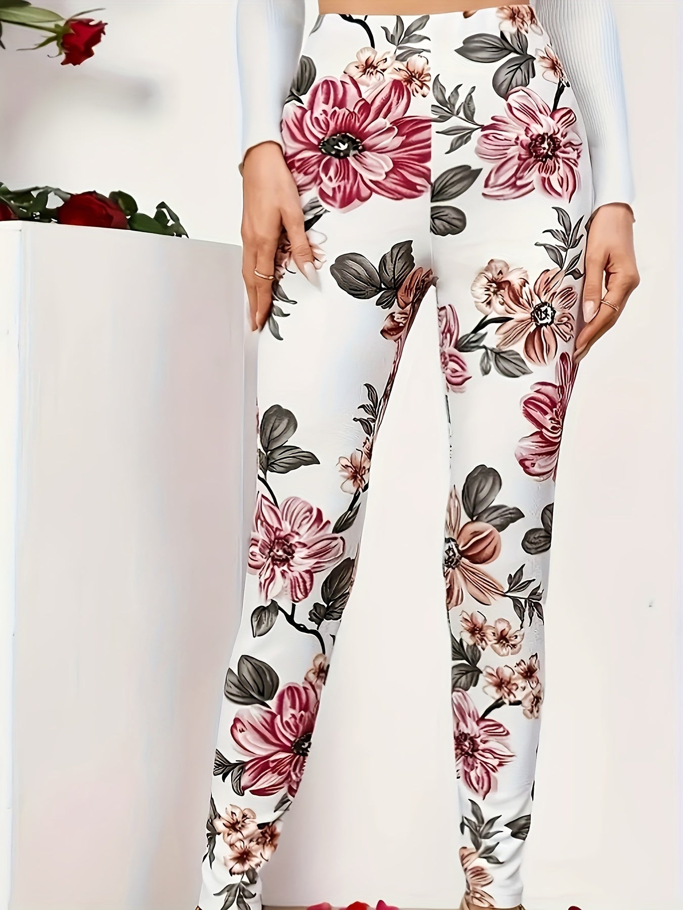 Plus Size Floral Print Skinny Leggings, Vacation Style High Waist Every Day Stretchy Leggings, Women's Plus Size Clothing