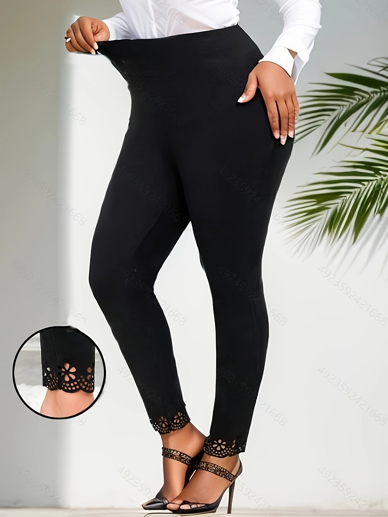 Plus Size Women's High Waist Skinny Leggings - Stretchy Polyester, Solid Color, Perfect for All Seasons