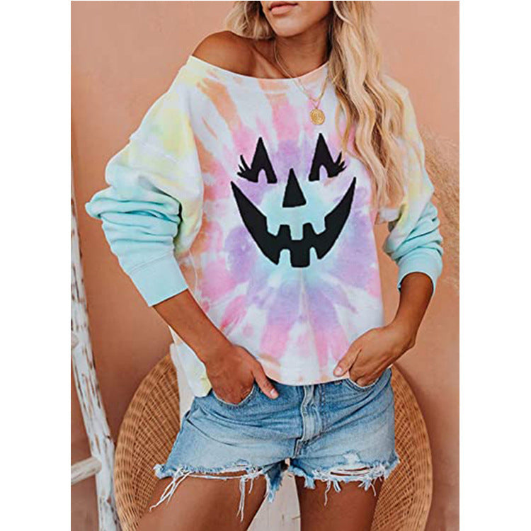 T-shirt Halloween Explosive Smiley Pumpkin Skull Print Loose Long-sleeved Sweater Women