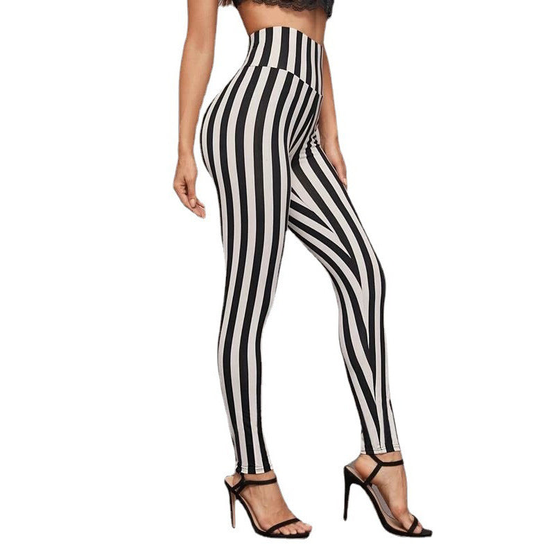 Vertical Stripes High Waist Leggings Cropped Skinny Pants-Aria Doejay