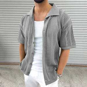 Men's Thin Sweater Lapel Short Sleeve Hollow Cardigan-Aria Doejay