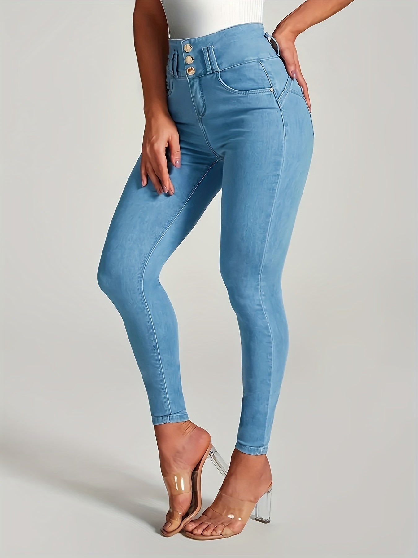 Fashionable Single-Breasted Womens Jeans - High Rise Skinny Fit in Classic Blue Wash - Premium Hot Denim Pants for a Chic Wardrobe Staple