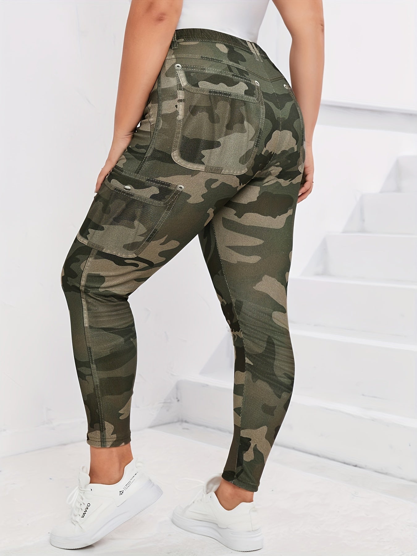 Stretchy Plus Size Camo Print Skinny Leggings - High Waist, Comfortable, Soft, and Breathable Leggings for Spring & Summer - Women's Plus Size Clothing for Curvy Figures