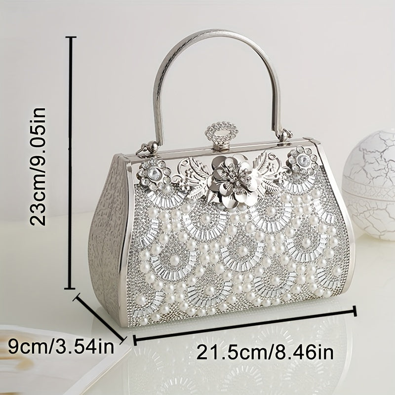 Elegant Silver Evening Clutch Bag for Women with Geometric Diamond Glitter, PU Leather with Polyester Lining, Occasion Themed with Stain Resistant Feature, Removable Strap, Zipper Closure, Positioned Printing - Fashion Accessory for Formal Events