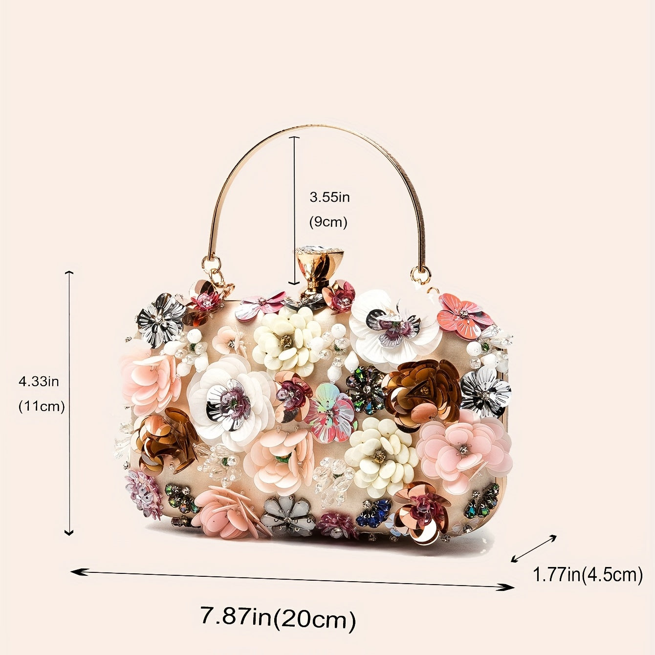 Small 7.87"x4.33"x1.77" Elegant Rhinestone Clutch Bag, Exquisite Mini Flower Decor Evening Bag for Women's Party, Dinner, Carnaval