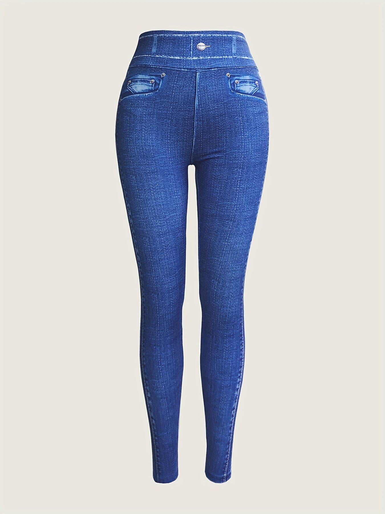 Women's High-Waist Faux Denim Print Leggings - Comfortable & Stretchy, Perfect for Casual Attire, Machine Washable