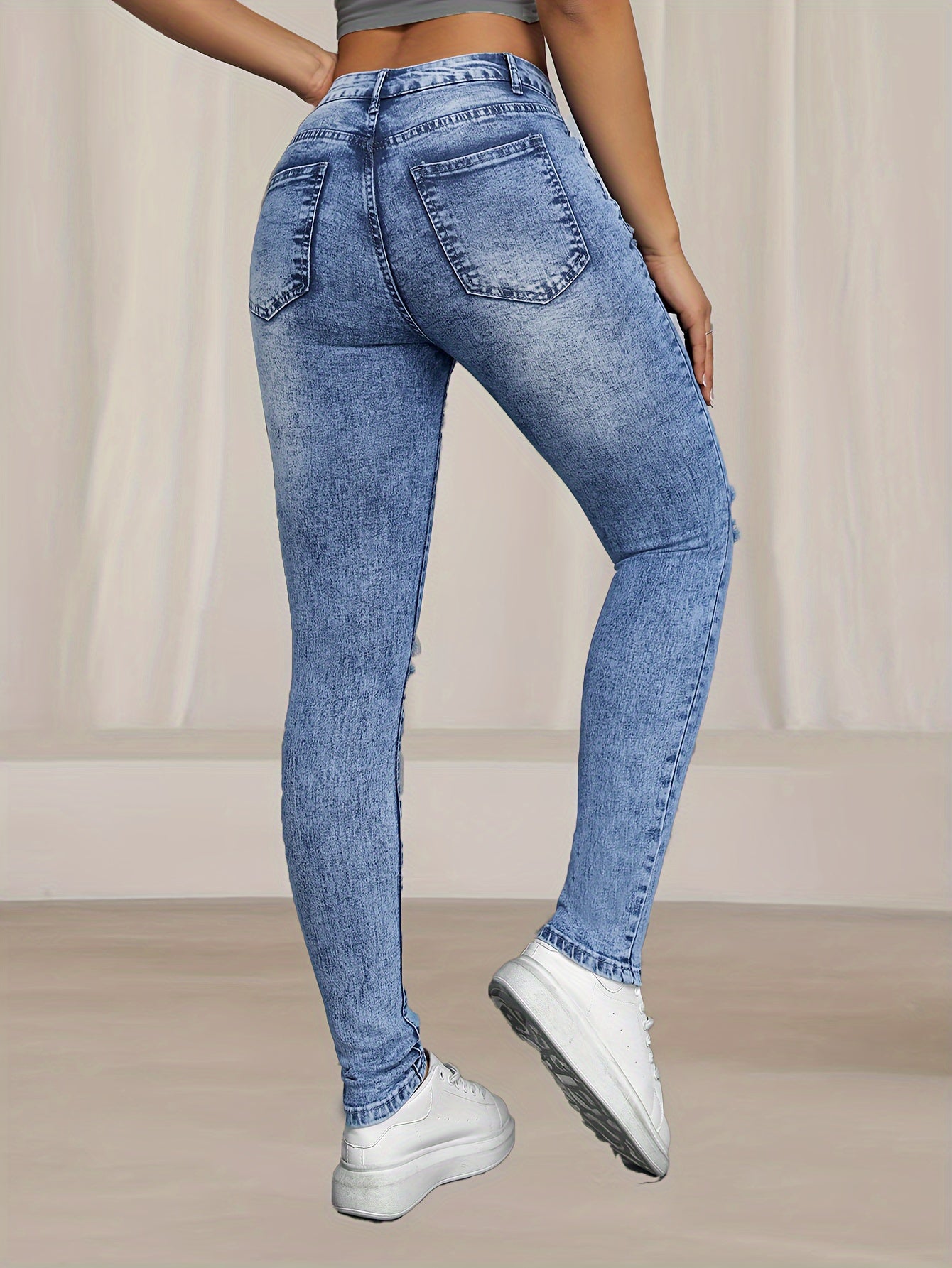 Women's Fashion Ripped Skinny Jeans, Stretchy Denim, Casual Solid Color, Long Length, No Belt, All-Season, Tight Fit, Button Closure, Woven Fabric