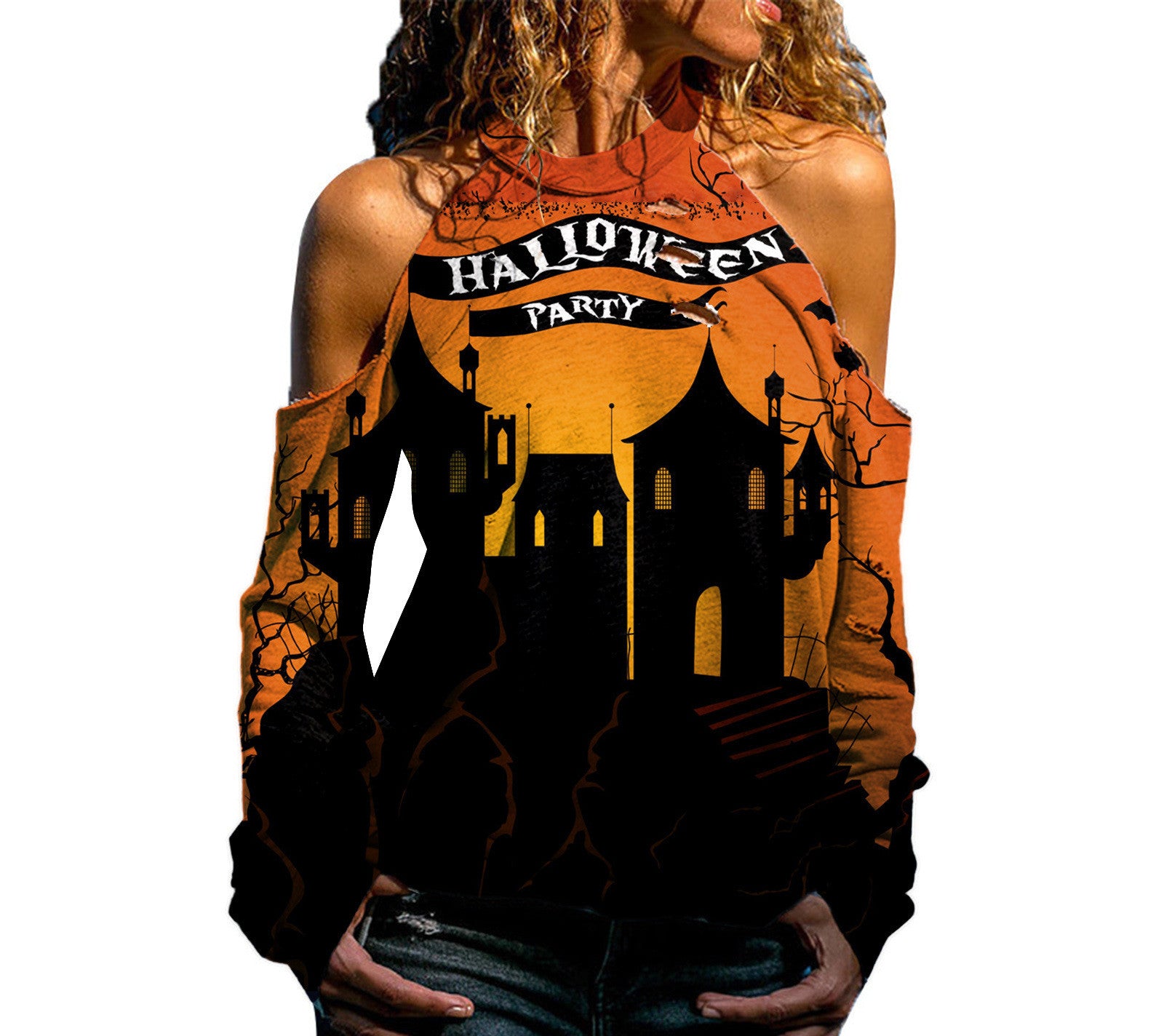 Halloween Off Shoulder Printed Top Womens Casual Loose Stitching Long Sleeved T-Shirt