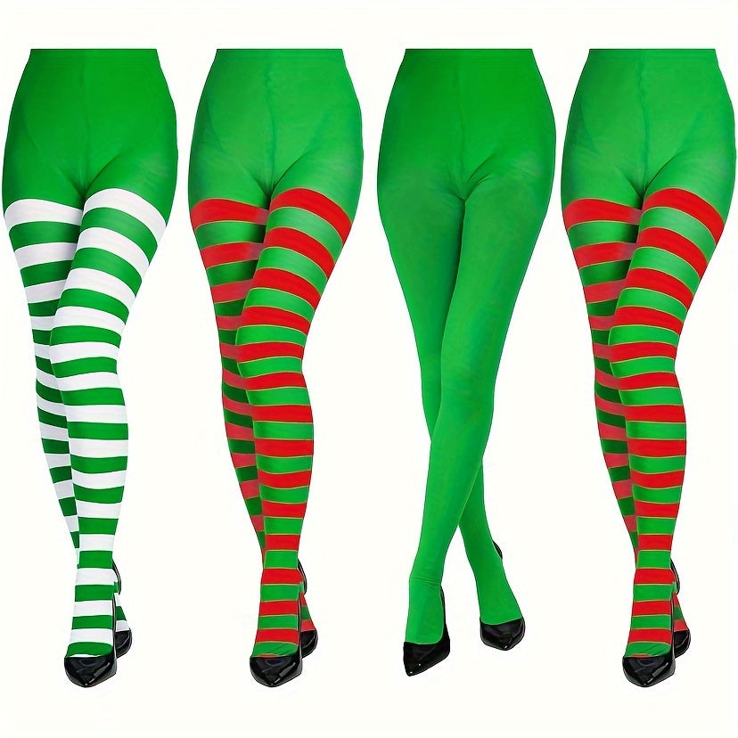 4pcs Festive Christmas Tights - Stretchy Polyester & Spandex Blend, Perfect for Holiday Dress-Up