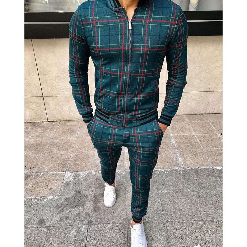 New Men's Leisure Suits Tracksuits Men Grid Two-piece Patchwork Zipper Tracksuits Small leg Trouser Sportswear New Man Sets-Aria Doejay