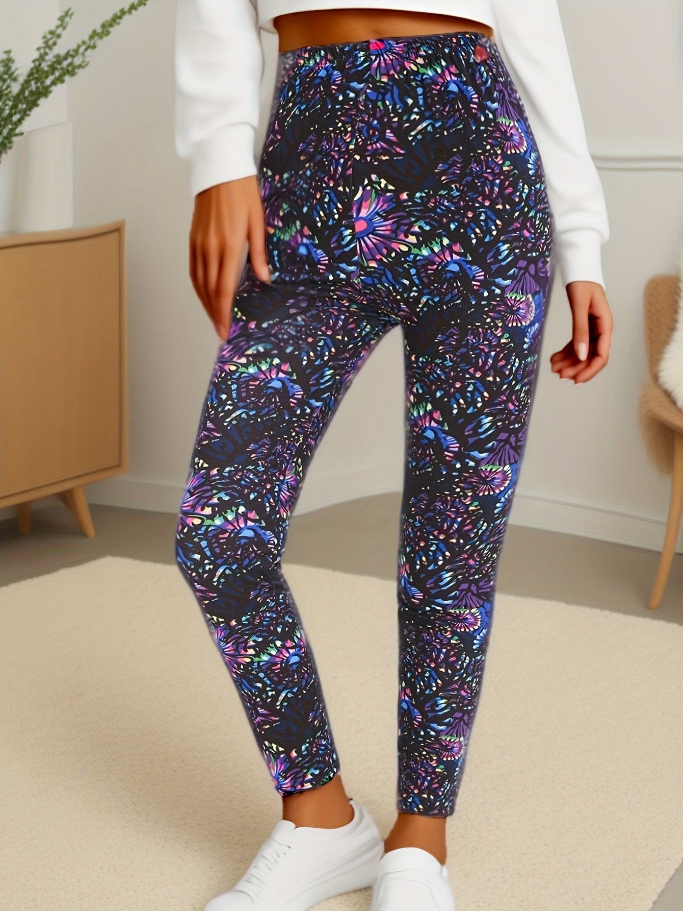 Glow-in-the-Dark Floral Print High-Waist Leggings for Women - Stretchy, Comfortable Activewear for Yoga, Running & Casual Attire