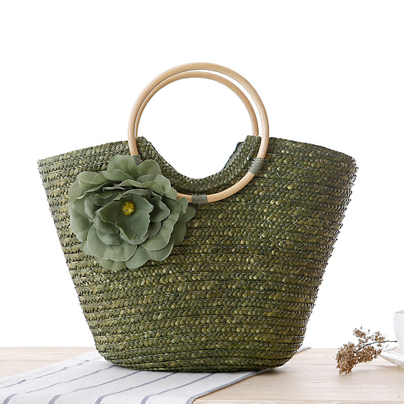 New rattan handle woven bag Flower handkerchief straw bag beach bag