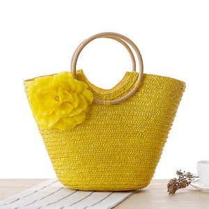 New rattan handle woven bag Flower handkerchief straw bag beach bag