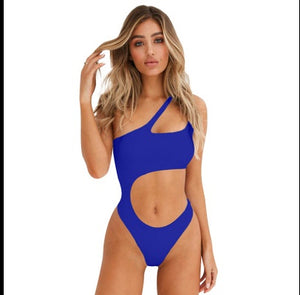 New hollow irregular waist single shoulder solid color wrapped chest bikini one-piece swimsuit female-Aria Doejay