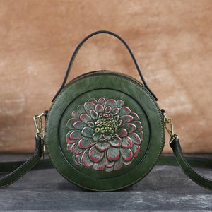 Vintage Embossed Small Round Bag, Shoulder Messenger Bag, Zipper Large-capacity Handbag