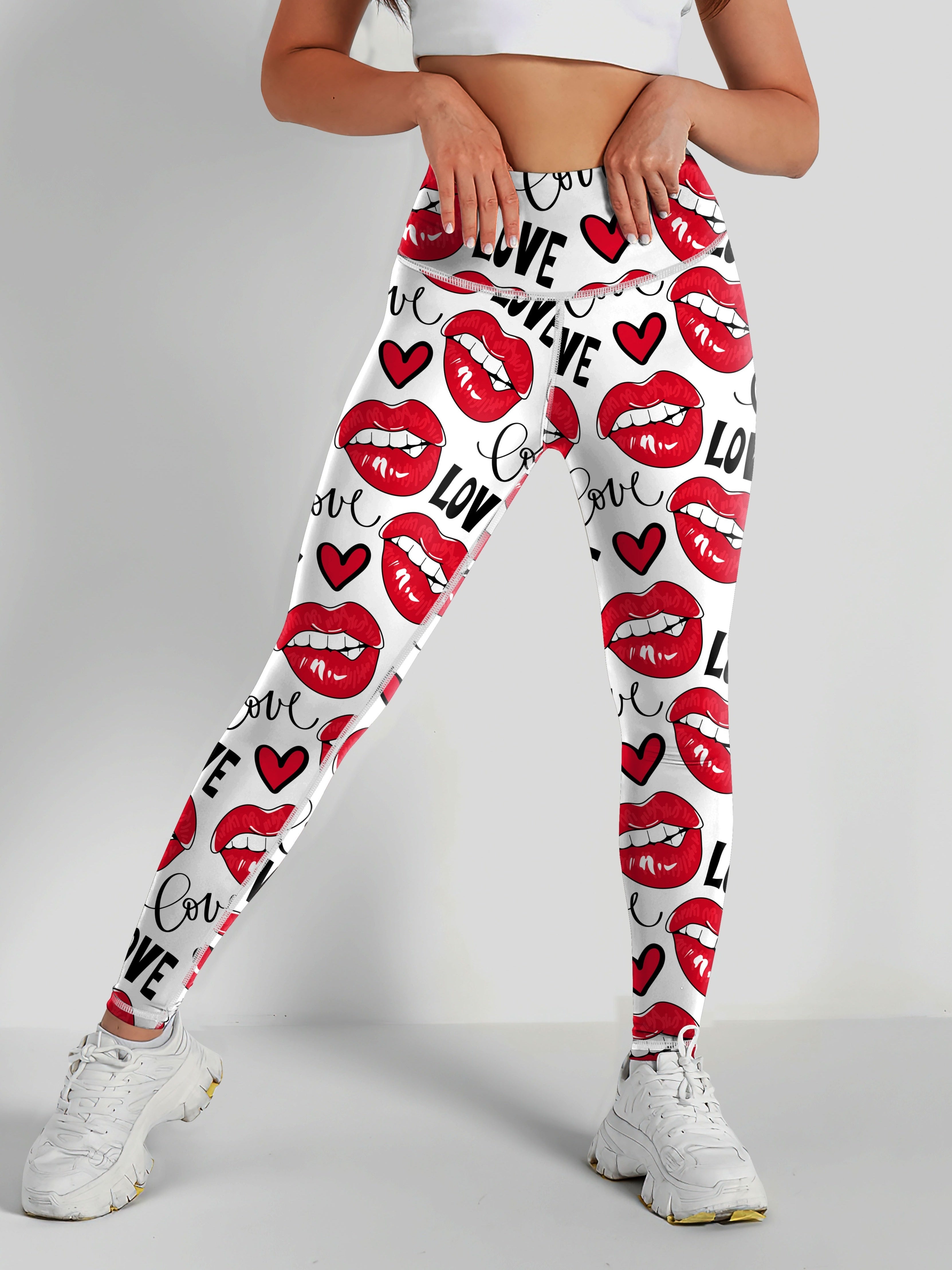 High Waist Elastic Women's Printed Valentine's Day Yoga Leggings, Love & Lipstick Tummy Control Casual Sports Pants, Comfortable Fitness Workout Running Athletic Style