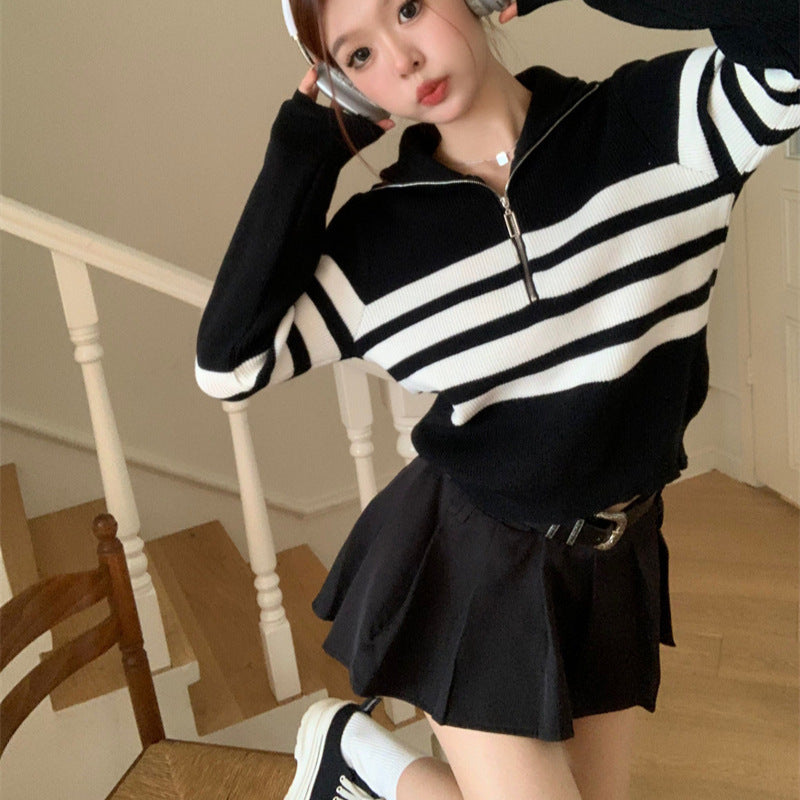 Contrast Color Striped Zipper Pullover Long Sleeve Sweater-Aria Doejay