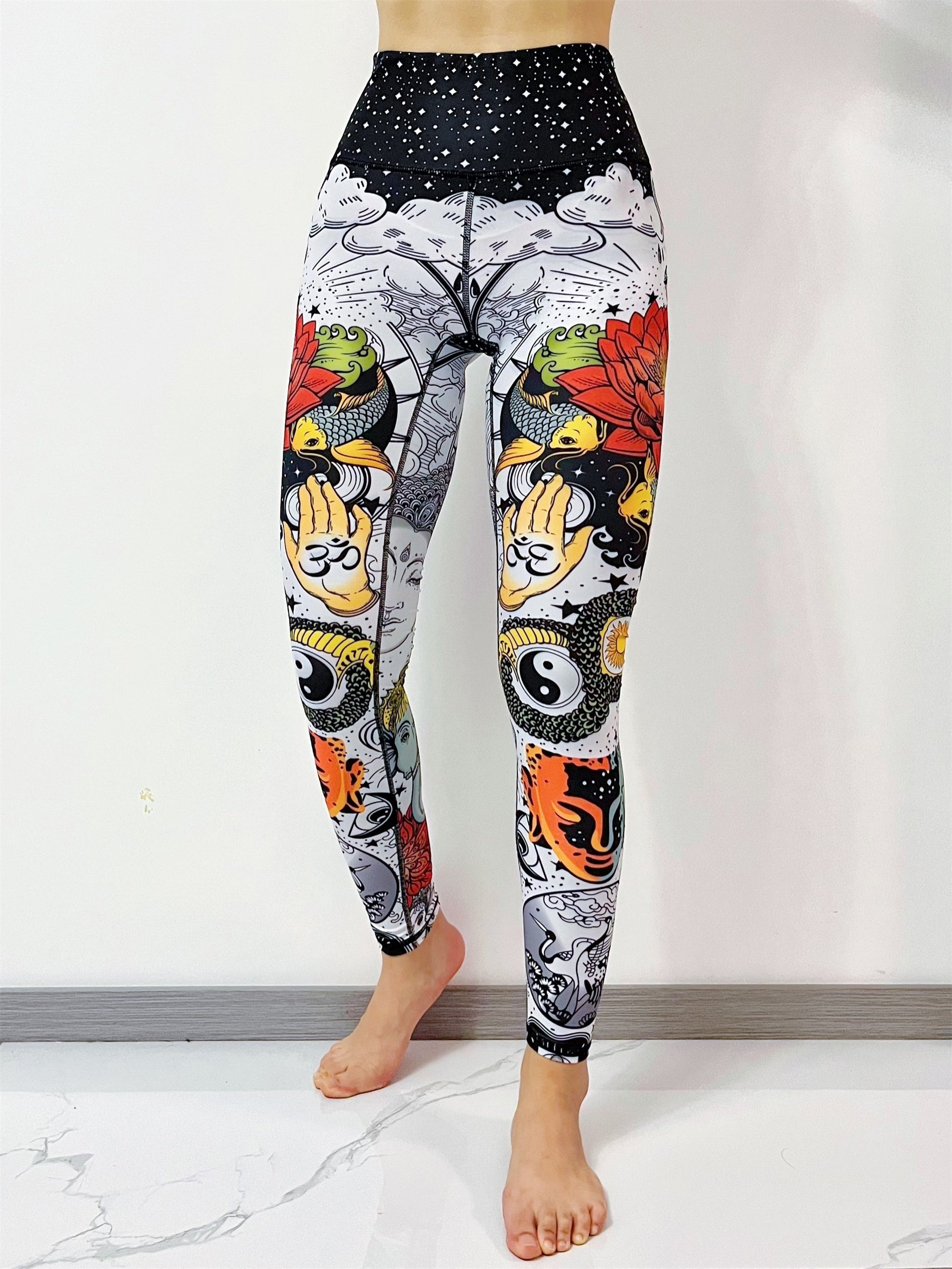 Black and white Chinese style printed women's yoga pants