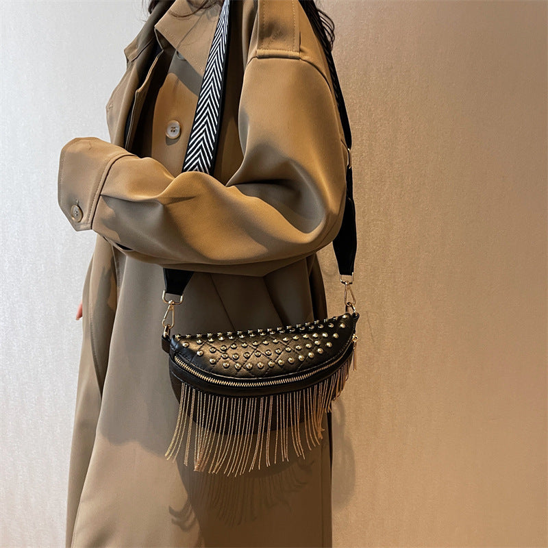 Fashion Solid Color Rivet Tassel Chest Bag