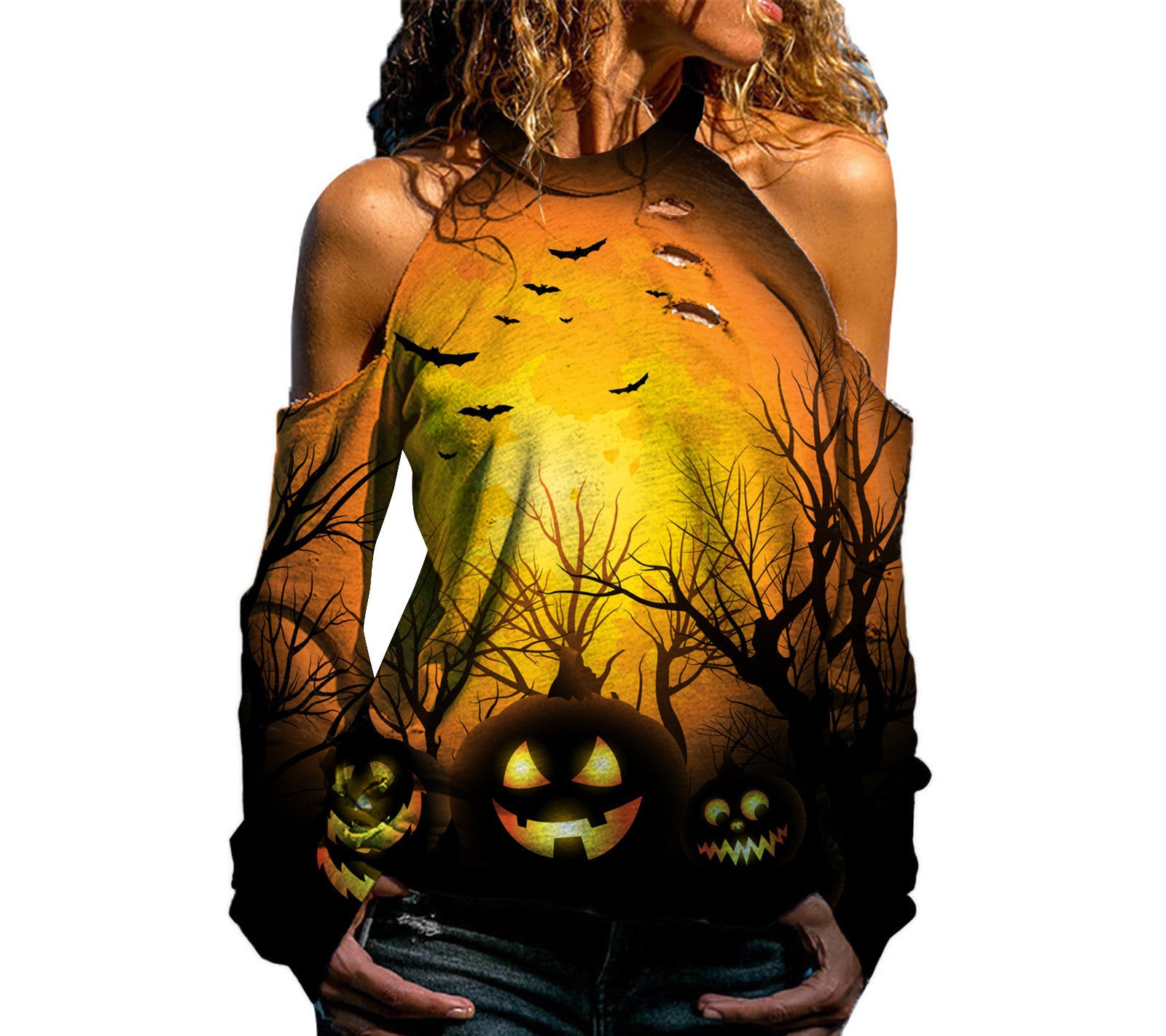 Halloween Off Shoulder Printed Top Womens Casual Loose Stitching Long Sleeved T-Shirt