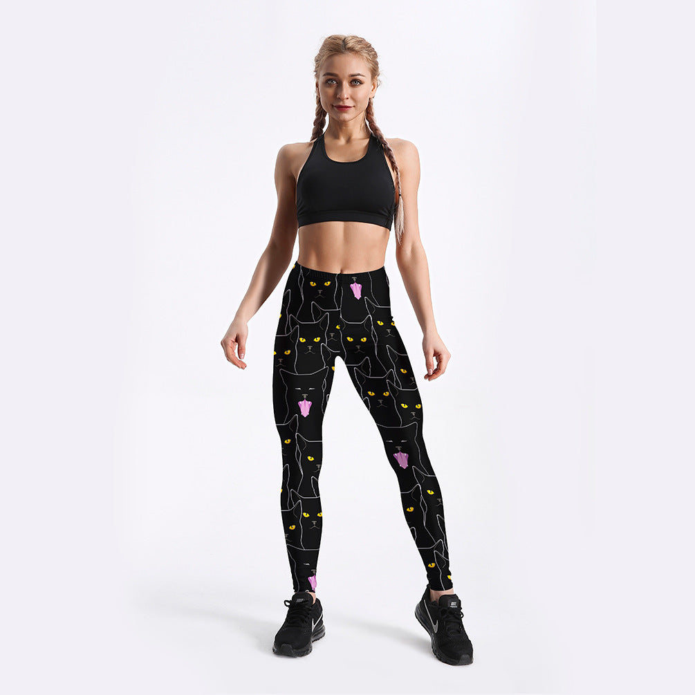 Black cat print women's slim sports leggings-Aria Doejay