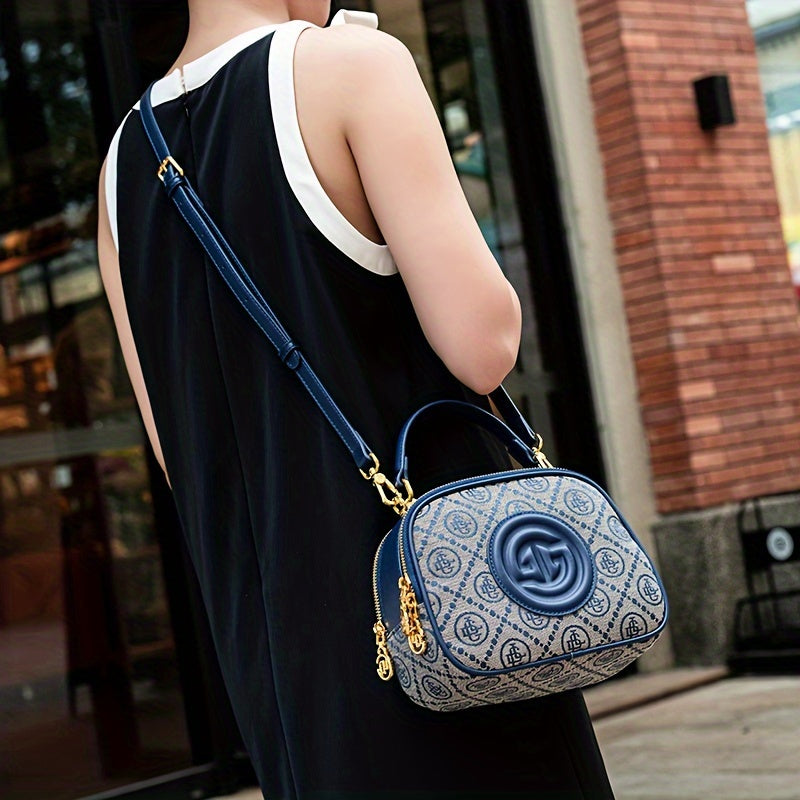 Casual Geometric Pattern Embroidered Canvas Crossbody Bag with Adjustable Strap and Zipper Closure, Fade Resistant, Polyester Lined, Embellished Messenger Bag in Blue - Guangzhou Origin