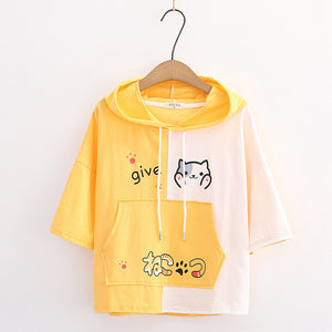 Japanese cartoon print loose hooded short sleeve T-shirt women-Aria Doejay