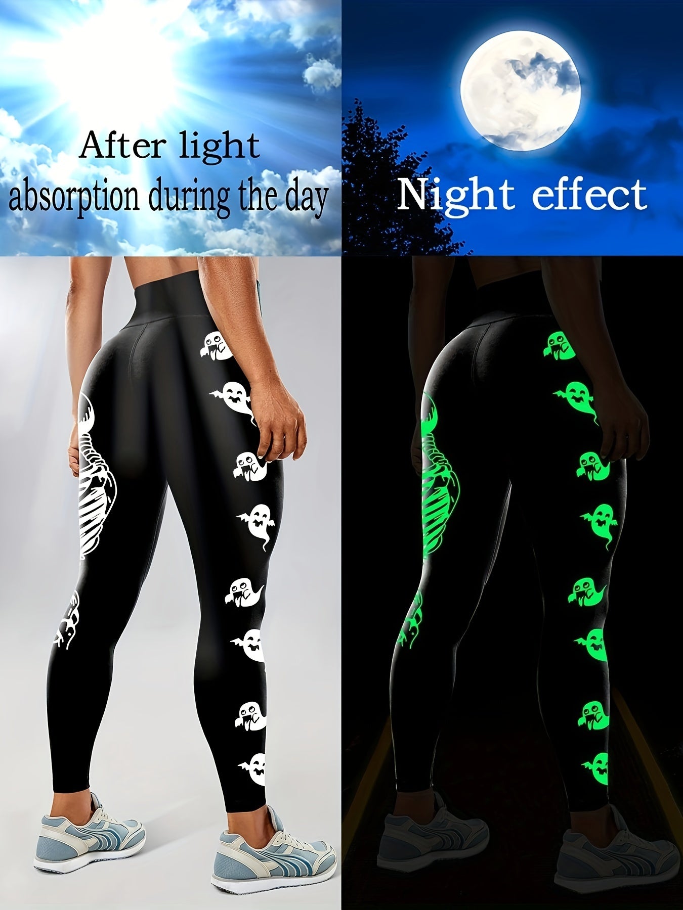 Fluorescent Skull Halloween Printed Sports Yoga Leggings, High Waist Workout Running Sports Tight Pants, Women's Activewear Carnaval & Music Festival