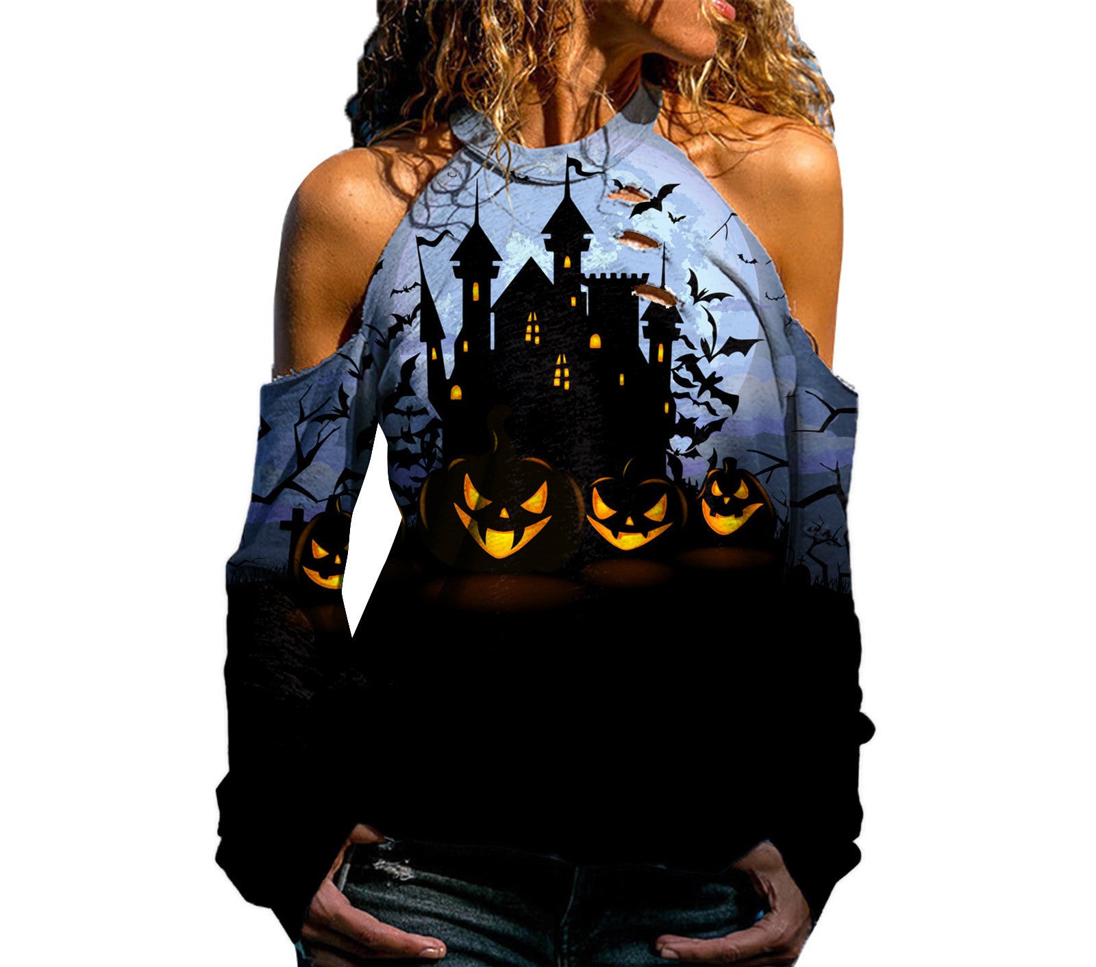 Halloween Off Shoulder Printed Top Womens Casual Loose Stitching Long Sleeved T-Shirt