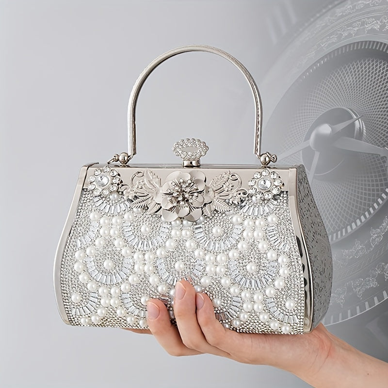 Elegant Silver Evening Clutch Bag for Women with Geometric Diamond Glitter, PU Leather with Polyester Lining, Occasion Themed with Stain Resistant Feature, Removable Strap, Zipper Closure, Positioned Printing - Fashion Accessory for Formal Events