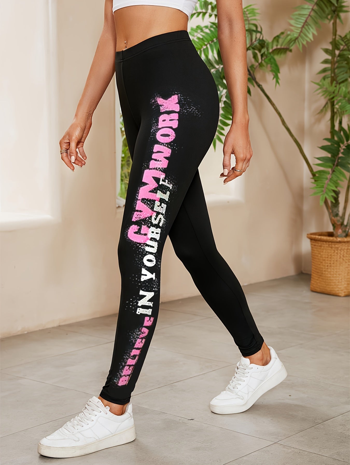 High-Waisted Letter Print Medium Stretch Skinny Leggings for Everyday Wear, Women's Casual Clothing