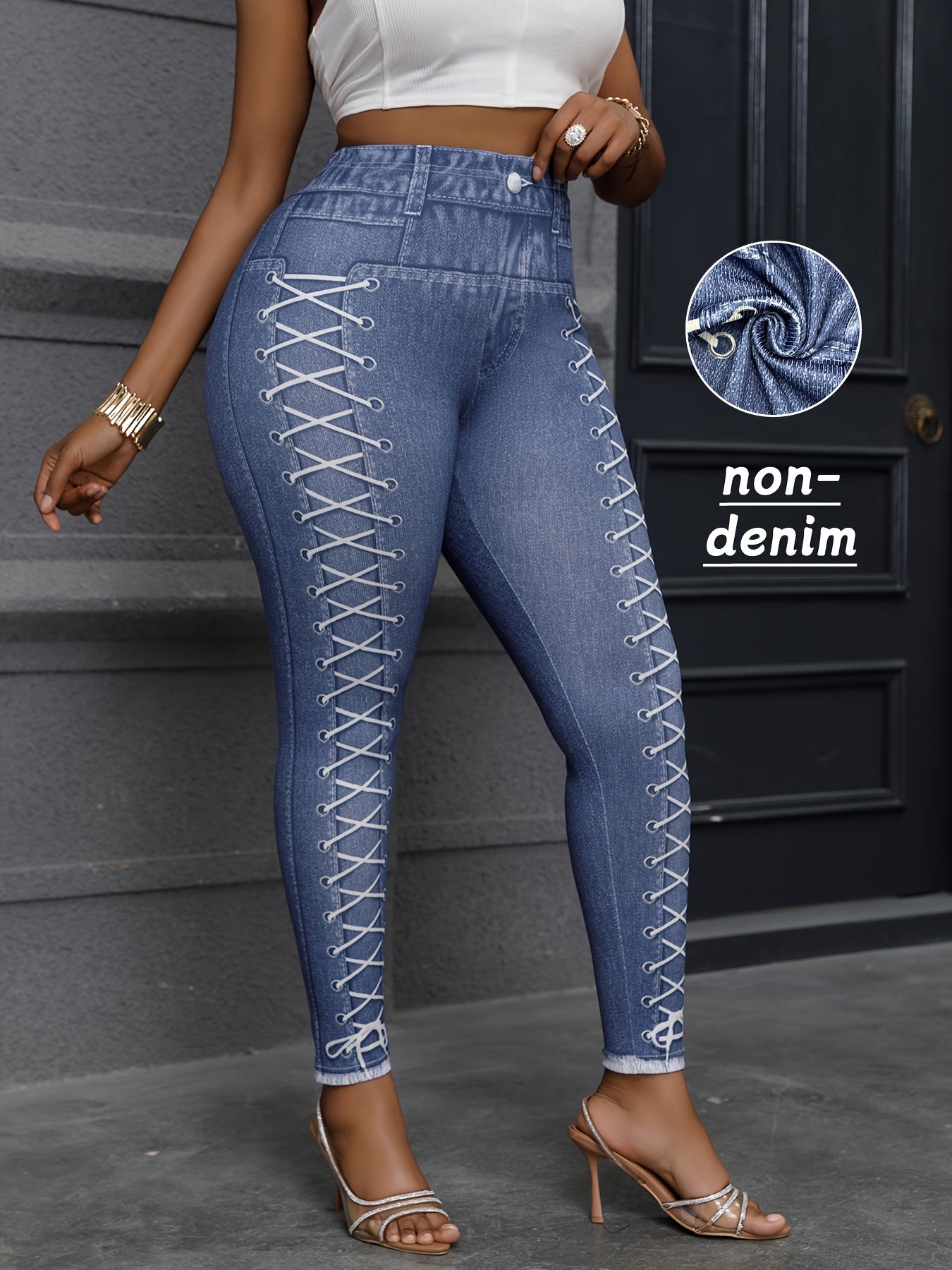 Women's Plus Size High-Waist Stretchy Leggings with Faux Denim Print & Lace-Up Detail - Casual, Comfortable, and Trendy