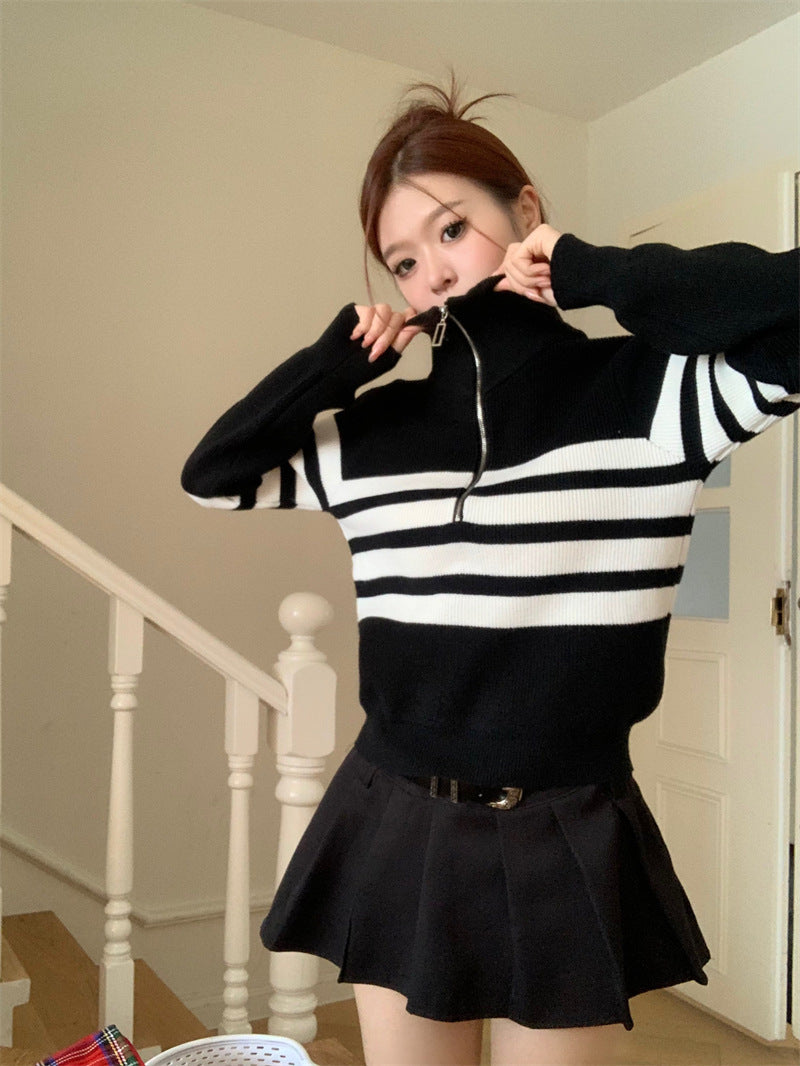 Contrast Color Striped Zipper Pullover Long Sleeve Sweater-Aria Doejay