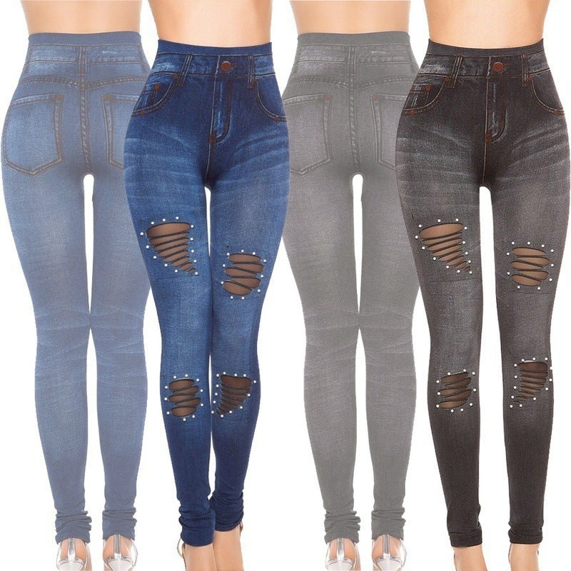 Cutout Mesh Studs Pearl Stretch Denim Leggings-Aria Doejay