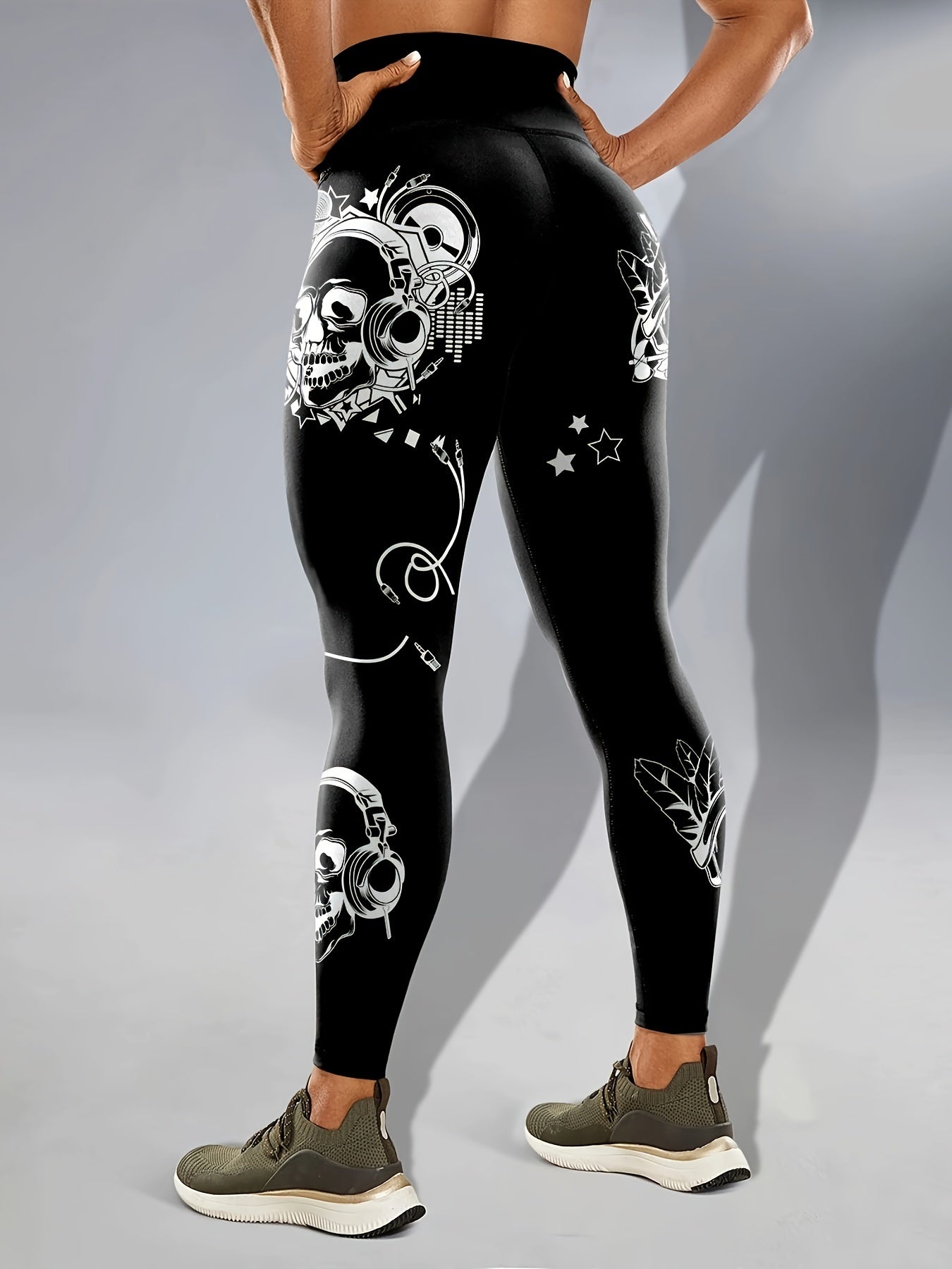 Casual Sportswear Tight Pants, Fluorescent Black Leggings With Glowing Skull, Printed High Waisted Elastic Tummy Control Workout Running Yoga Pants